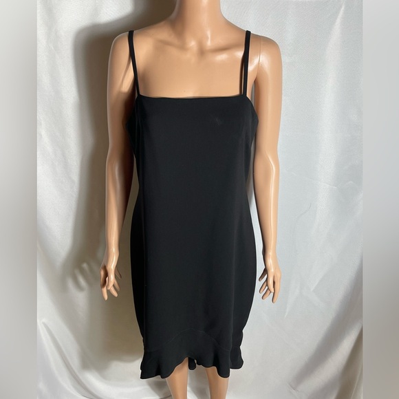 Lauren Ralph Lauren Black Slip Midi Dress Size 10 Spaghetti Strap Ruffle Hem - Picture 1 of 7